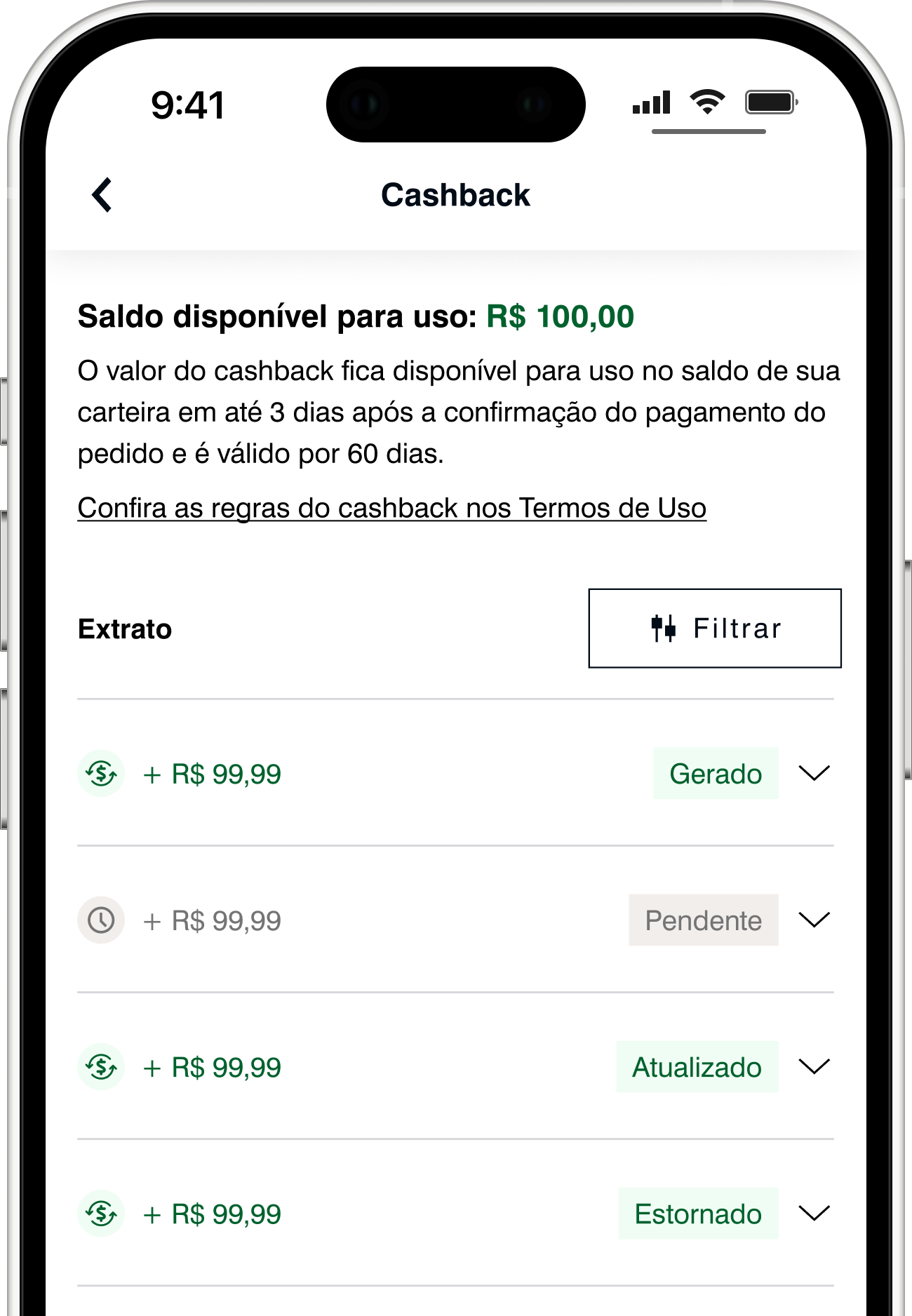 Página de extrato mostrando o valor das transações do cashback