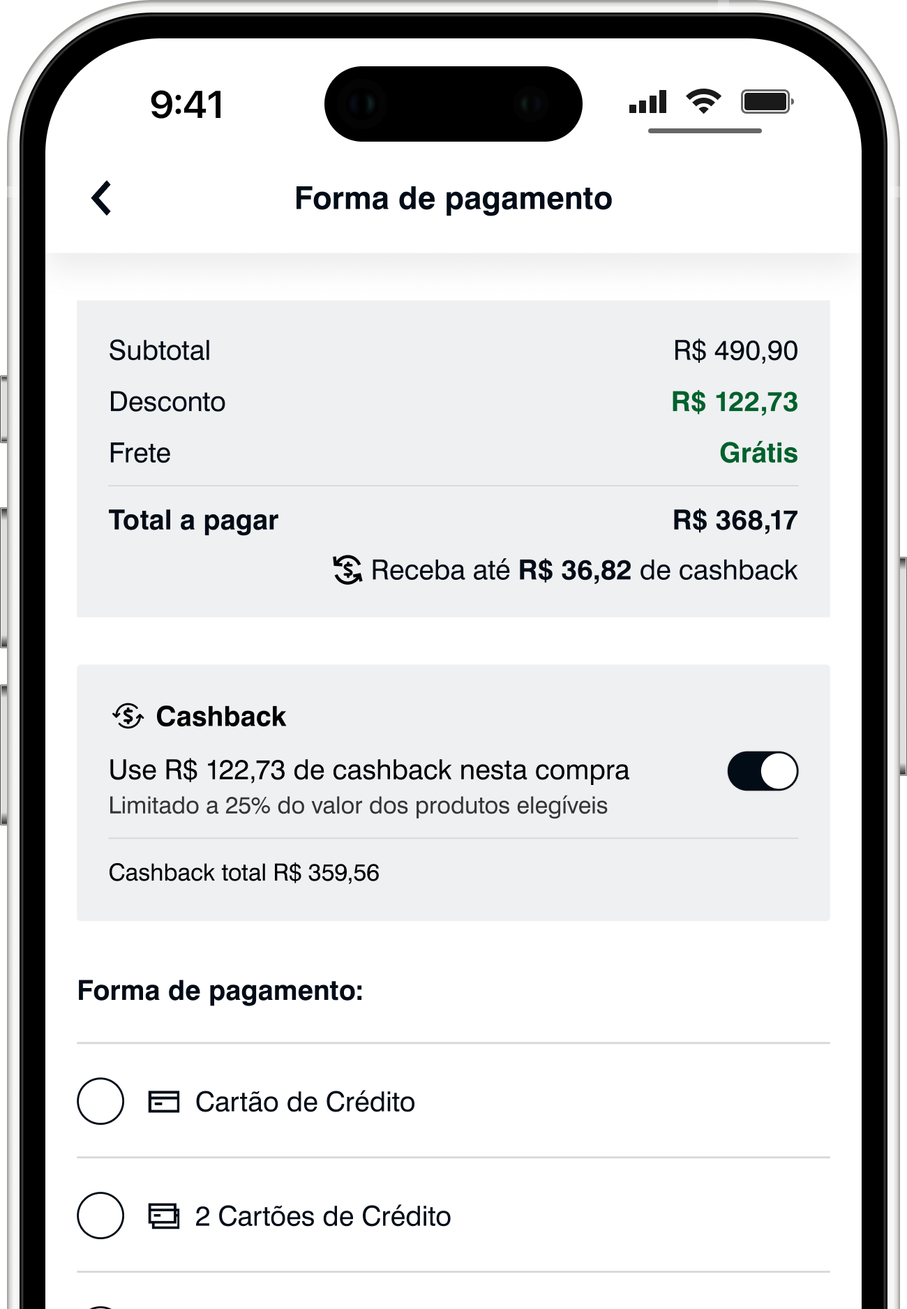 Página de produto mostrando o valor de geração do cashback