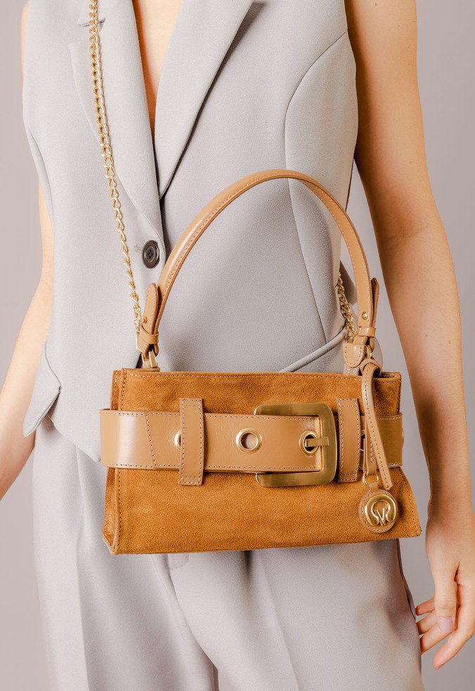 Bolsa Shoulder Lien Pequena Caramelo Camurça | Vicenza