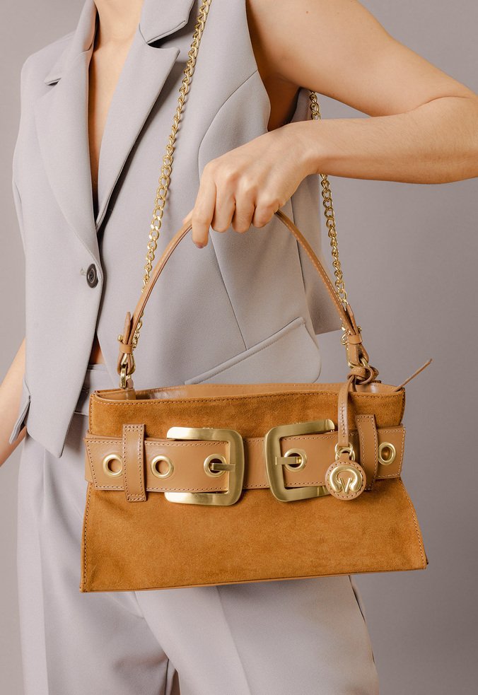 Bolsa Shoulder Lien Média Caramelo Camurça | Vicenza