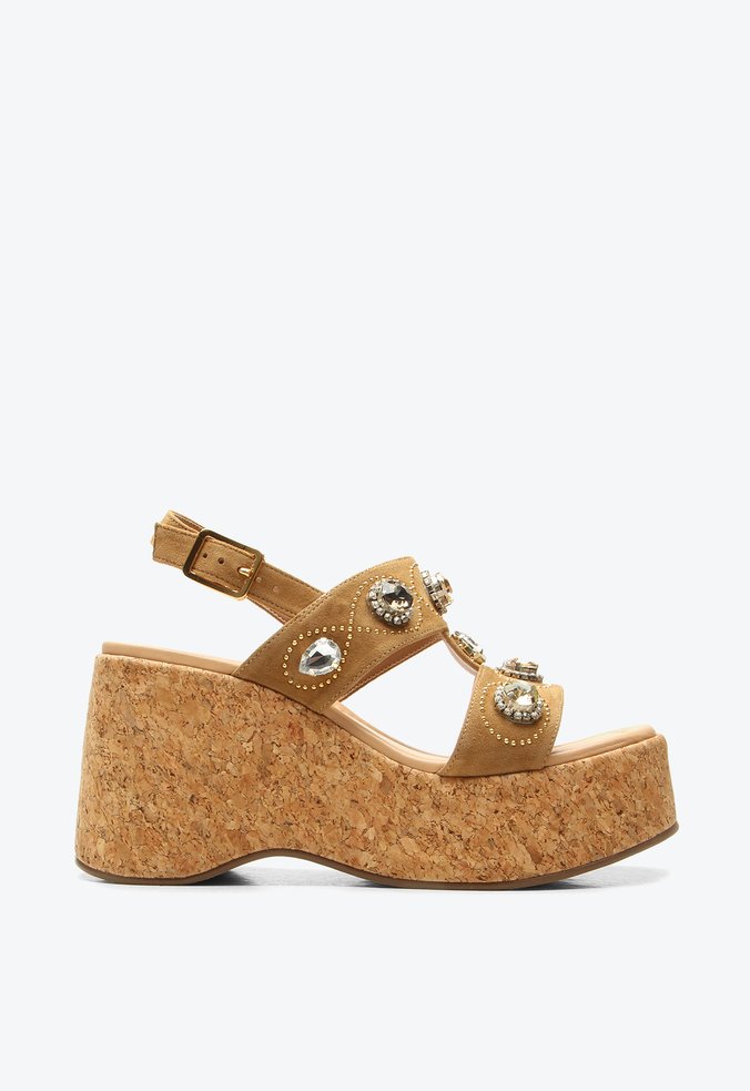 Sandália Plataforma Alysa Caramelo Pedrarias